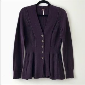 Free People Purple Peplum Long Line Button Down Cardigan Sweater Size L